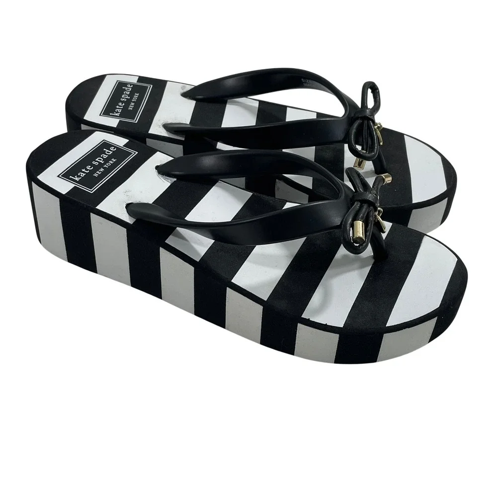 Kate Spade New York Black White Striped Platform Flip Flop Bow Sandals US 5M